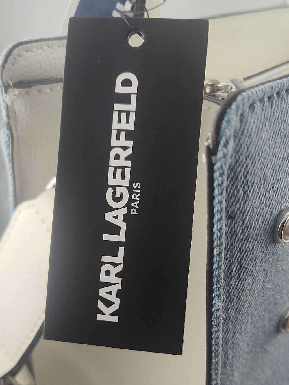 Karl Lagerfeld Denim and Leather tote bag Pearl Embellished Light Blue NWT $228 - Picture 4 of 15